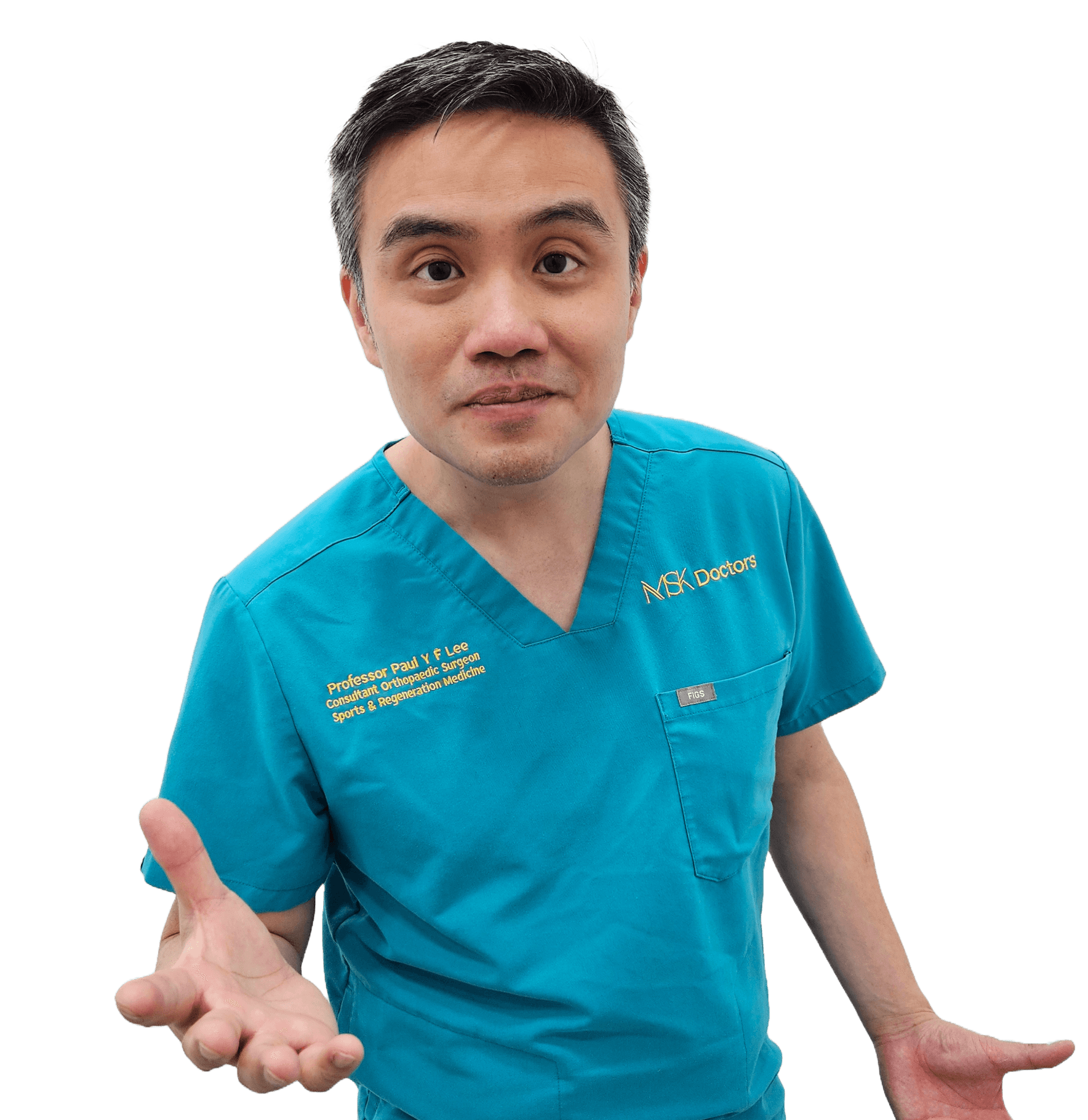 Professor Paul Lee wearing teal surgical scrubs in a clinical setting